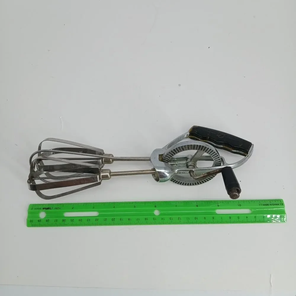 Vintage US Stainless Steel Rotary Egg Beater Hand Crank Mixer Black Handle USA